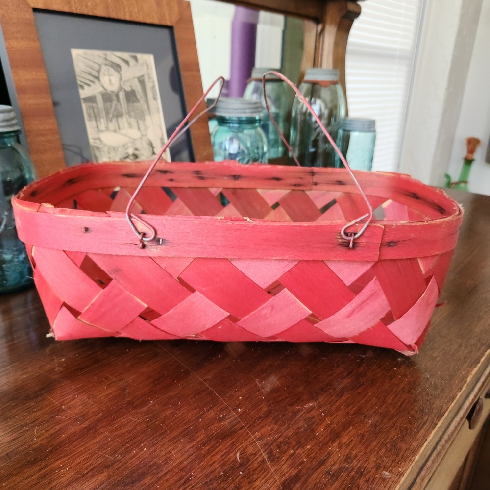 Vintage Red Longaberger-Type Woven Basket with Wire Handles